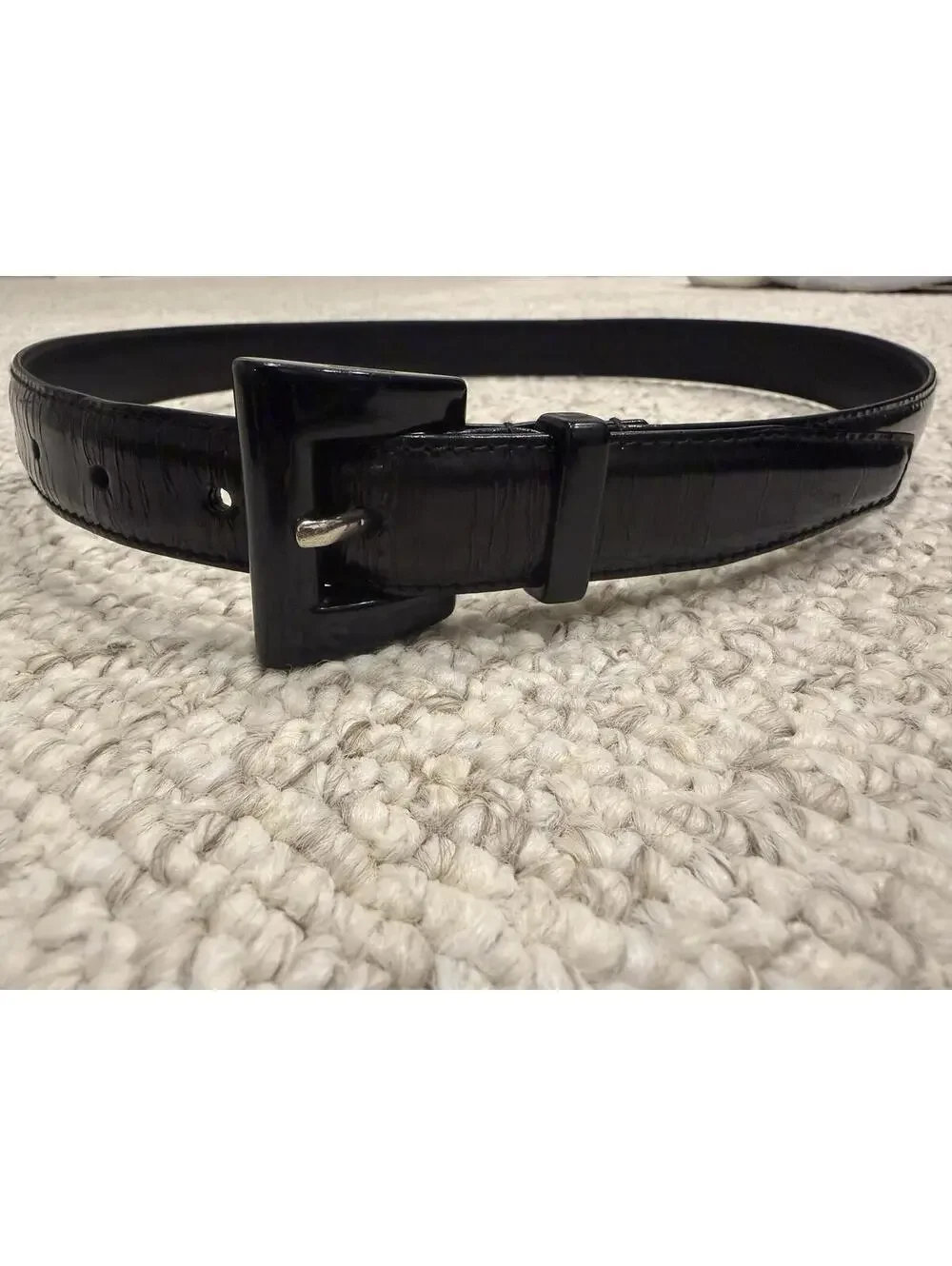 Prada Vintage 1990s Minimalist Smooth Black Patent‎ Leather Belt Square Buckle